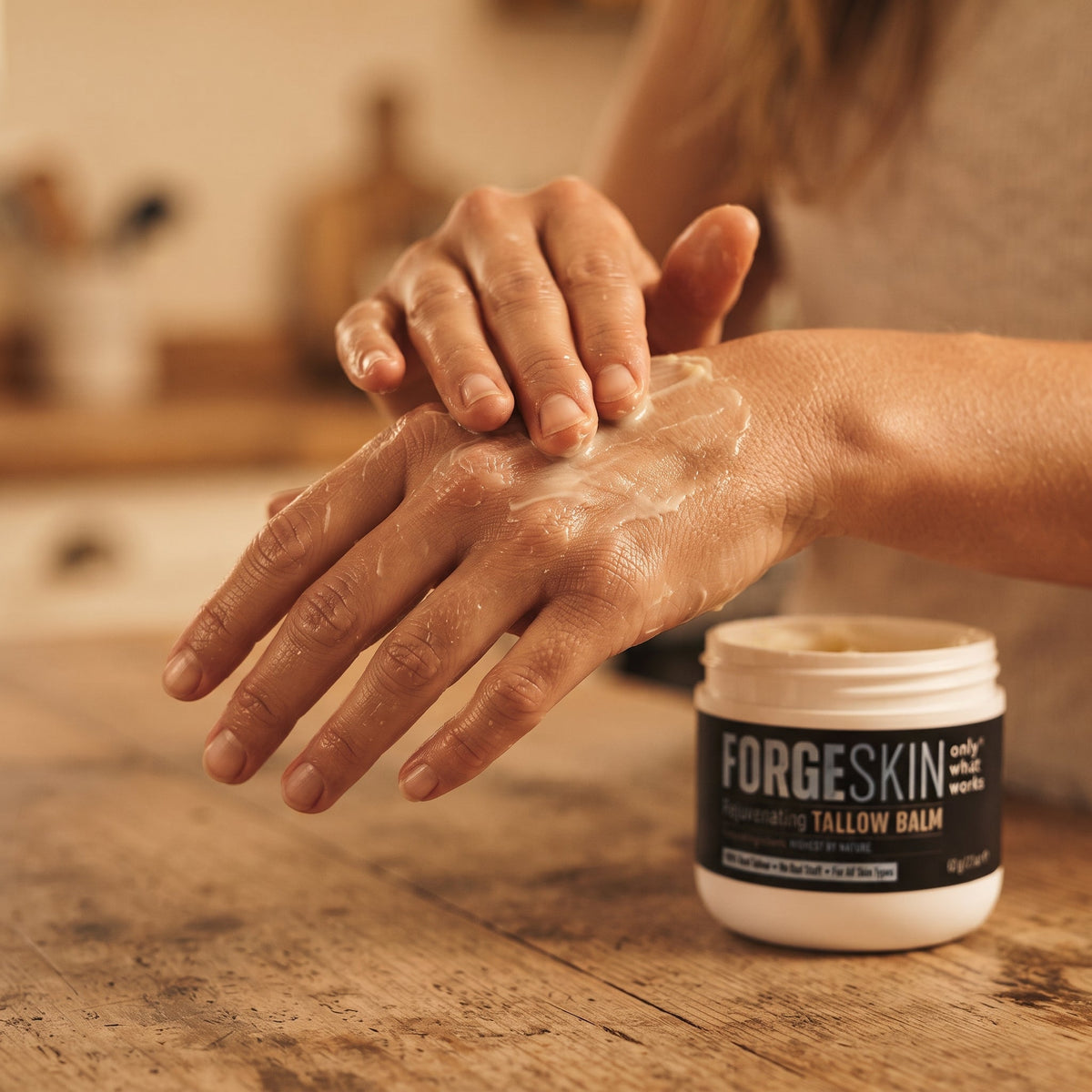 Forge Skin Tallow Balm — mujer aplicándolo en manos ásperas