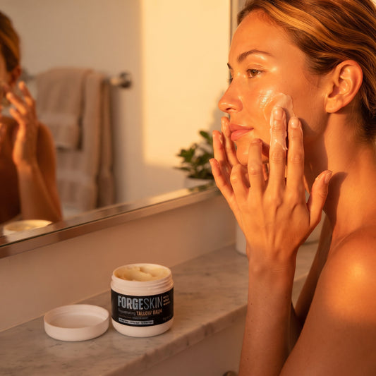 Forge Skin Tallow Balm — mujer aplicándolo en el rostro